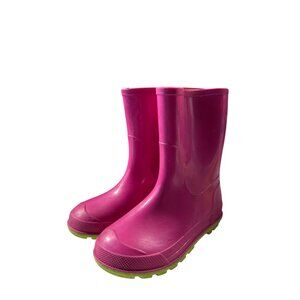 Kids Pink Rubber Rain Boots Size 9-10 With Green Soles